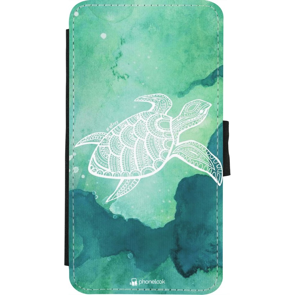 Coque iPhone X / Xs - Wallet noir Turtle Aztec Watercolor