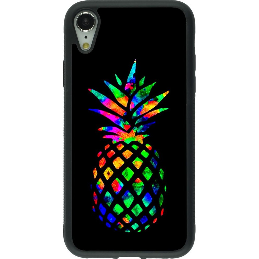 Coque iPhone XR - Silicone rigide noir Ananas Multi-colors