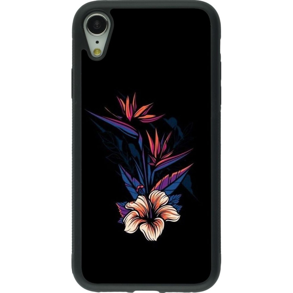 Coque iPhone XR - Silicone rigide noir Dark Flowers