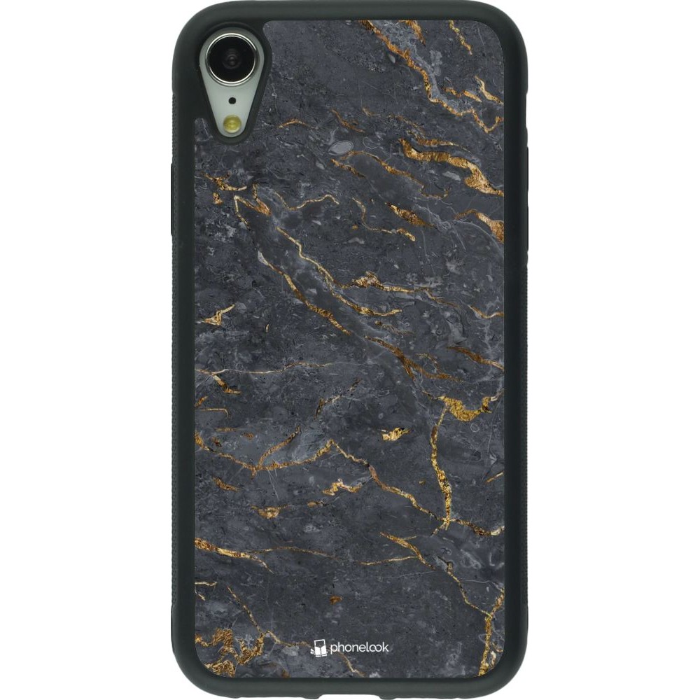 Coque iPhone XR - Silicone rigide noir Grey Gold Marble