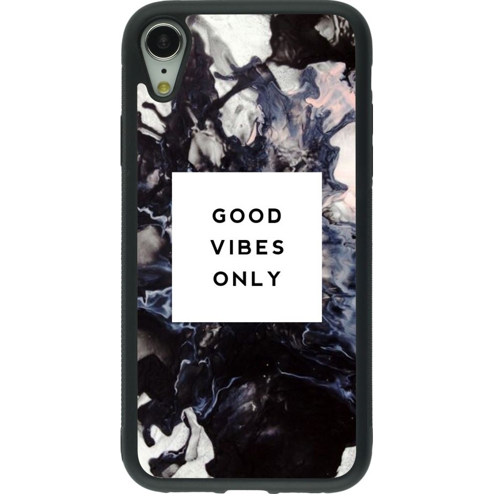 Coque iPhone XR - Silicone rigide noir Marble Good Vibes Only