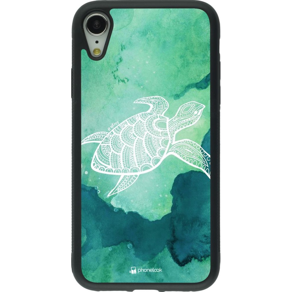 Coque iPhone XR - Silicone rigide noir Turtle Aztec Watercolor