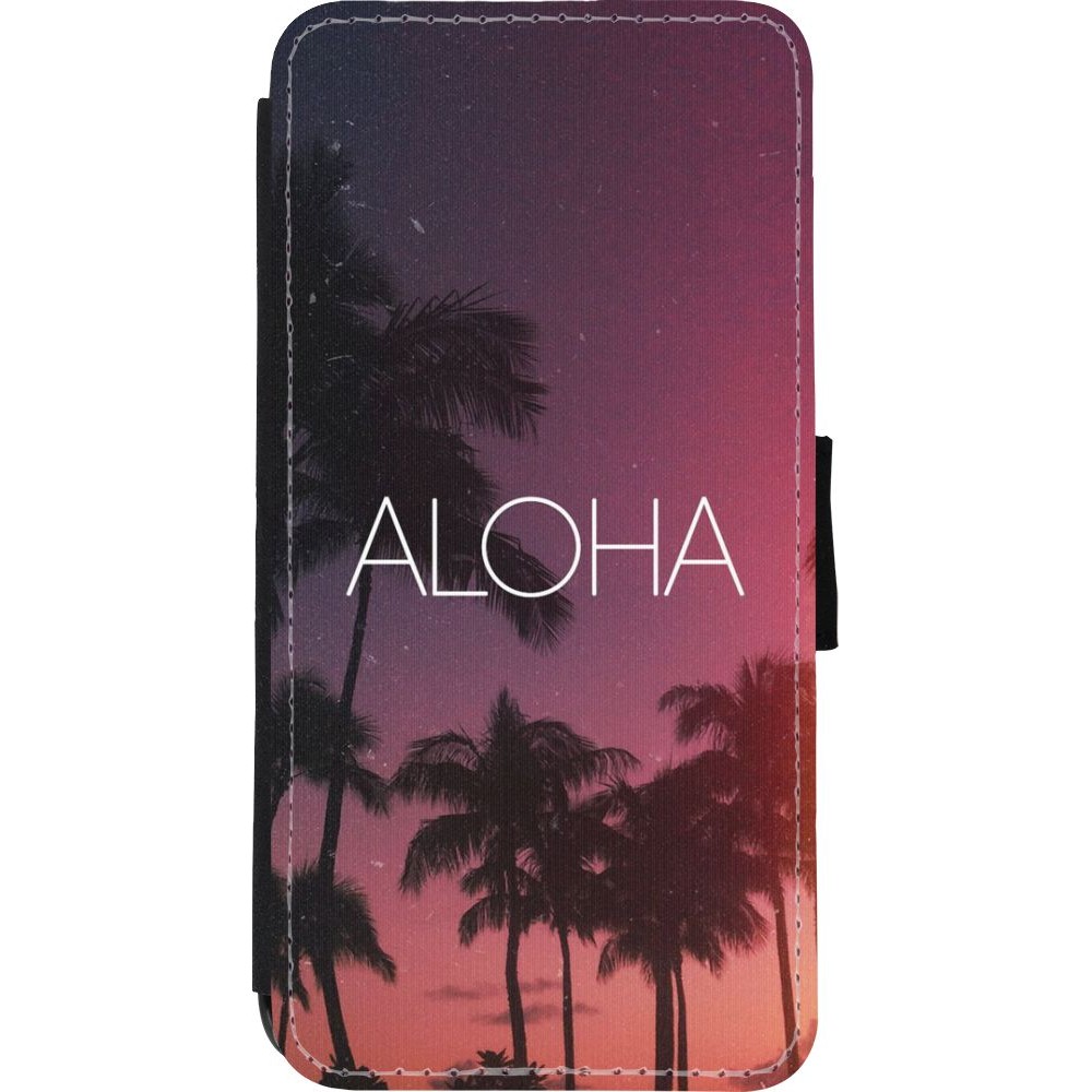Coque iPhone XR - Wallet noir Aloha Sunset Palms
