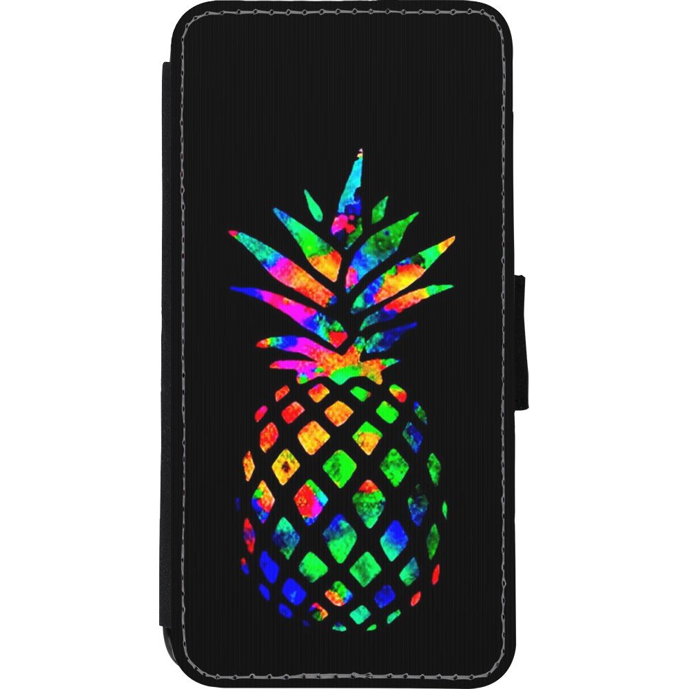 Coque iPhone XR - Wallet noir Ananas Multi-colors