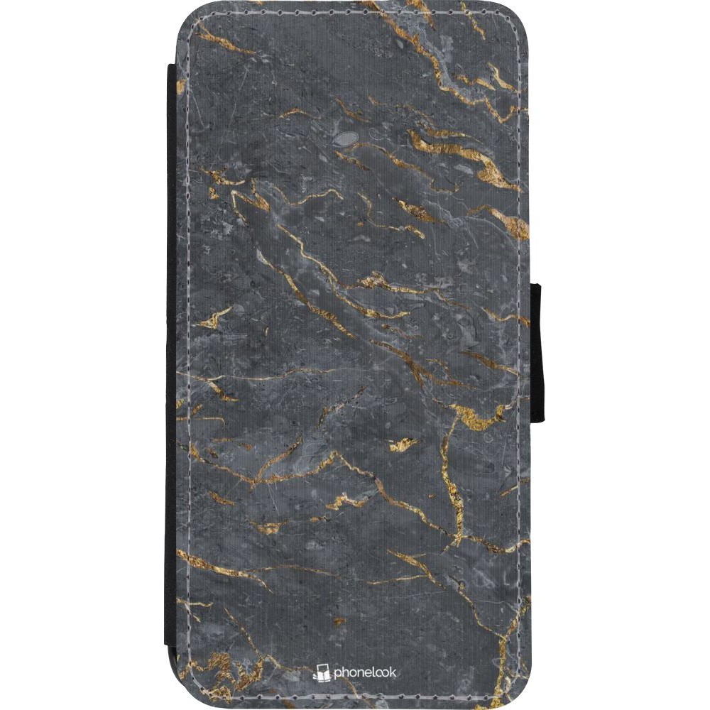 Coque iPhone XR - Wallet noir Grey Gold Marble