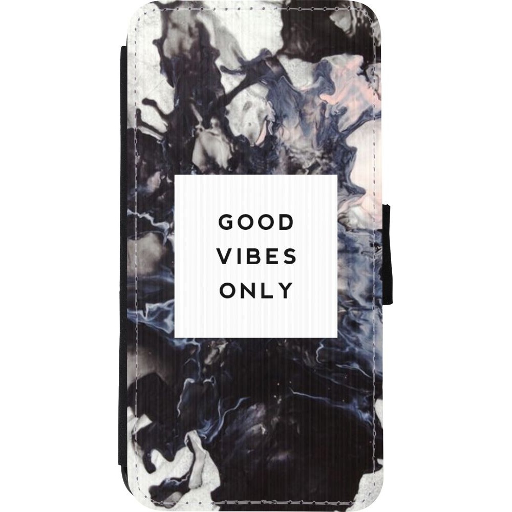 Coque iPhone XR - Wallet noir Marble Good Vibes Only