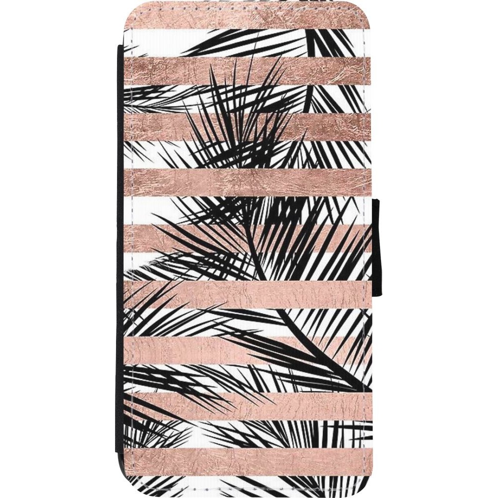 Coque iPhone XR - Wallet noir Palm trees gold stripes