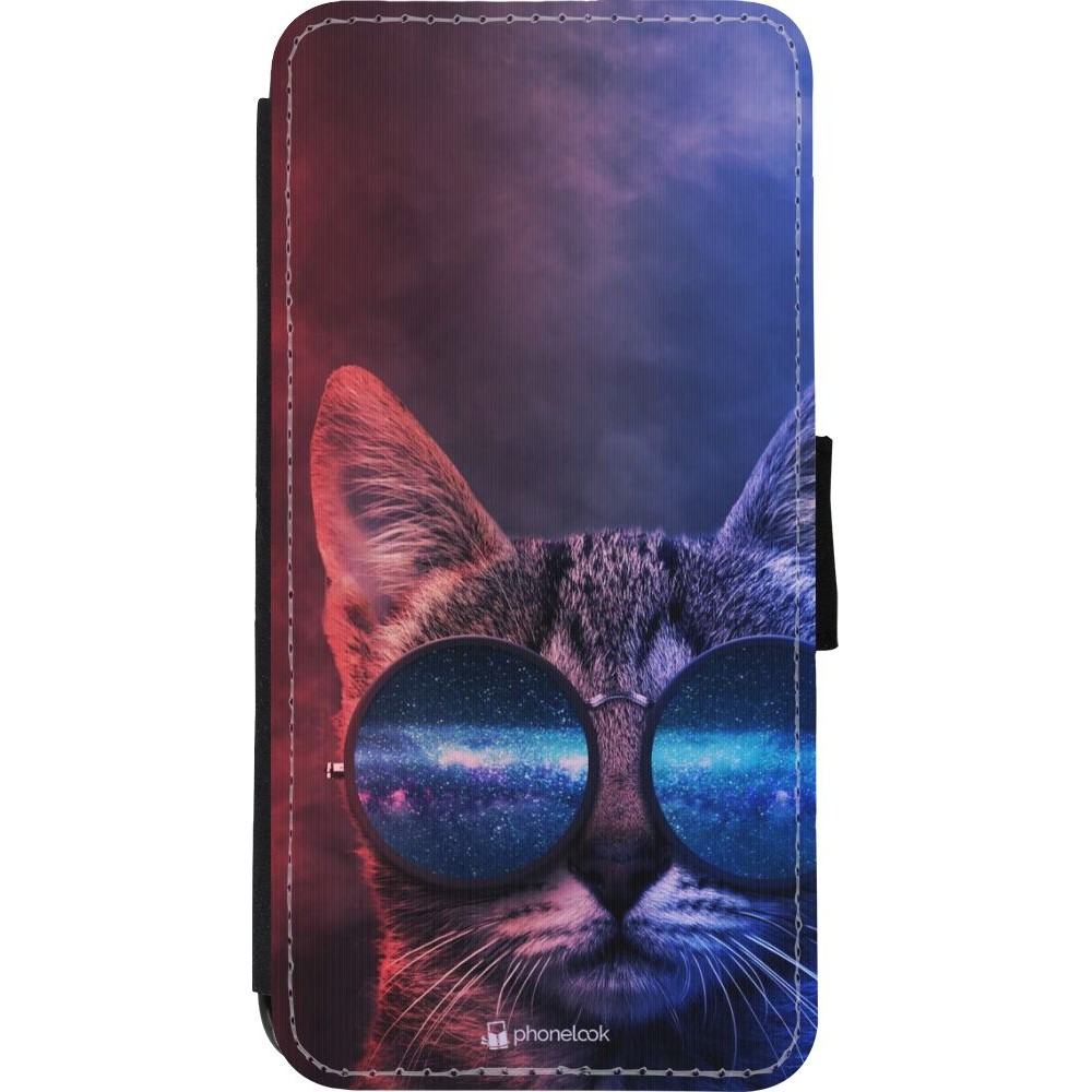 Coque iPhone XR - Wallet noir Red Blue Cat Glasses