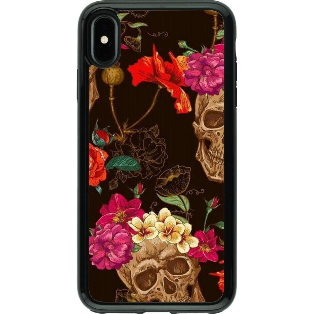 Coque iPhone Xs Max - Hybrid Armor noir Skulls and flowers