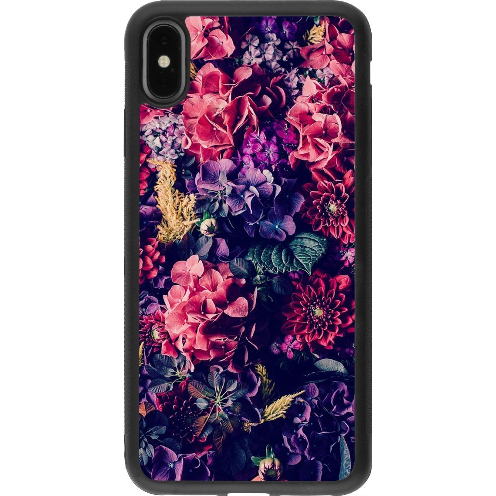 Coque iPhone Xs Max - Silicone rigide noir Flowers Dark