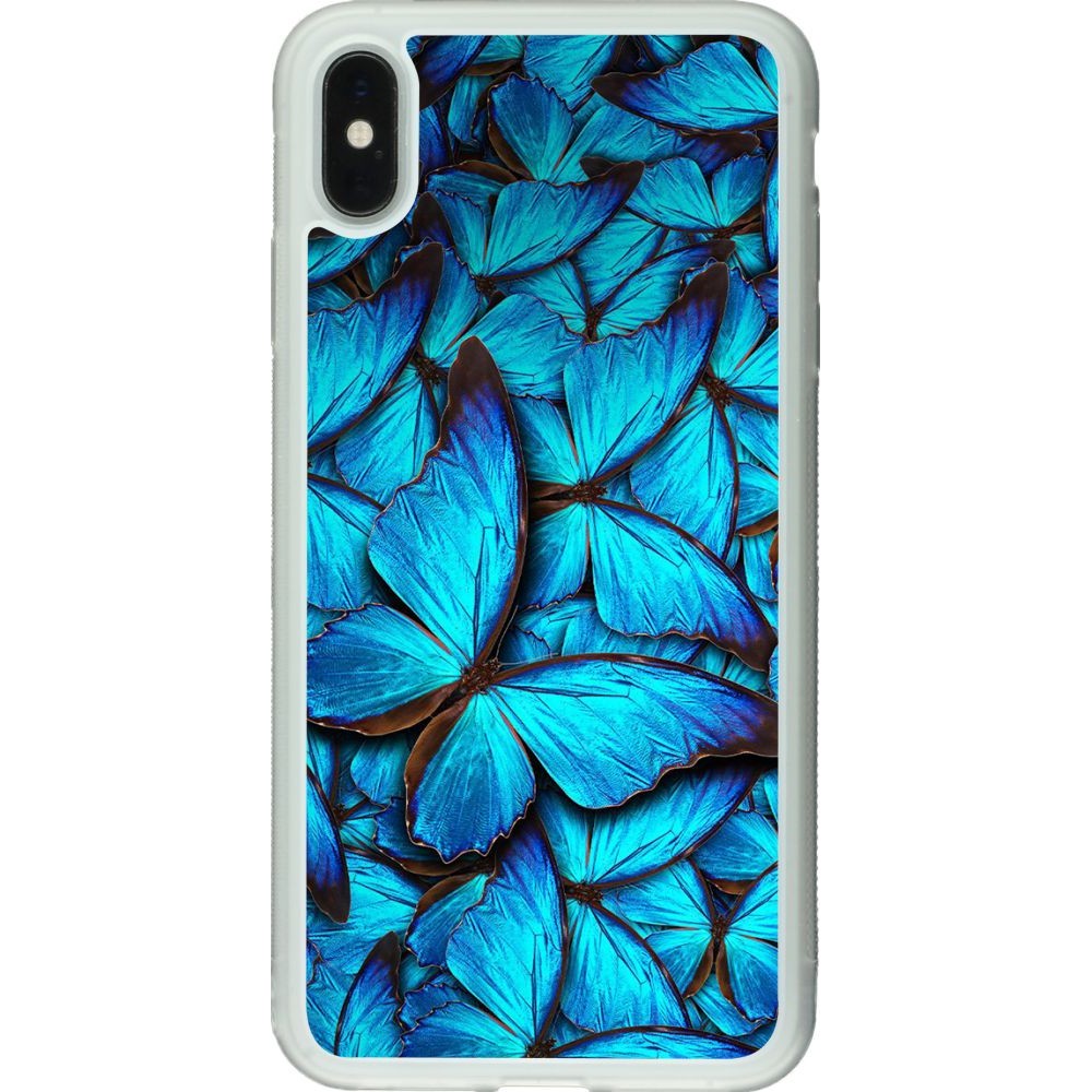 Coque iPhone Xs Max - Silicone rigide transparent Papillon - Bleu