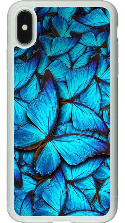 Coque iPhone Xs Max - Silicone rigide transparent Papillon - Bleu