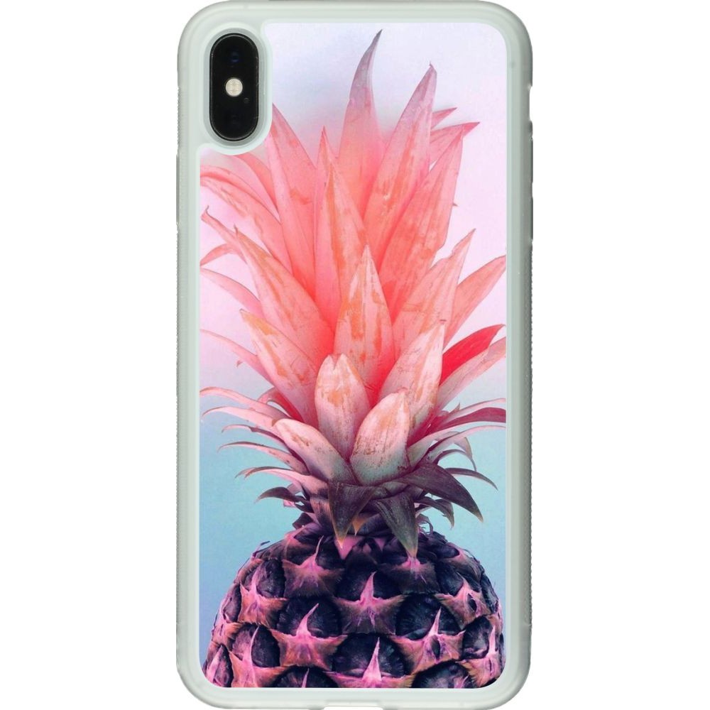 Coque iPhone Xs Max - Silicone rigide transparent Purple Pink Pineapple