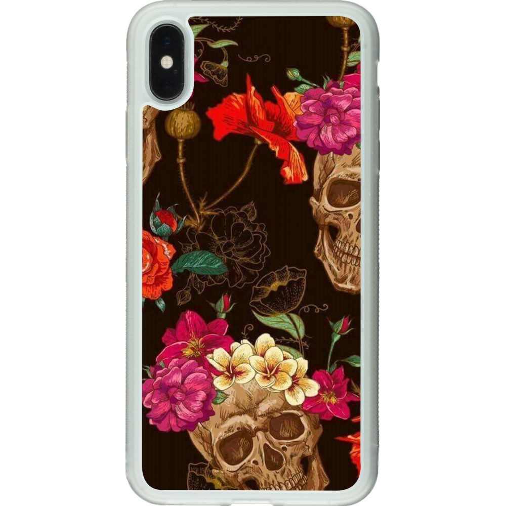Coque iPhone Xs Max - Silicone rigide transparent Skulls and flowers