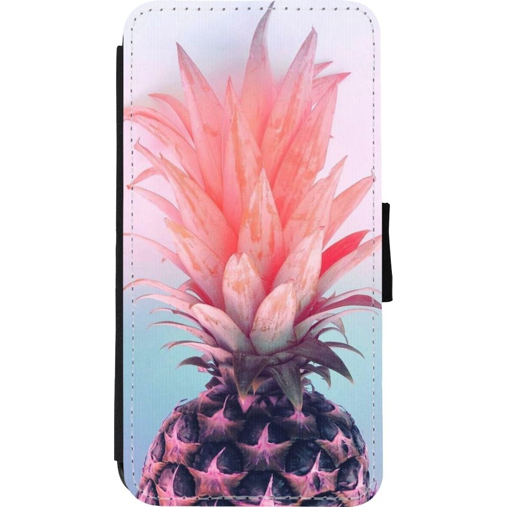 Coque iPhone Xs Max - Wallet noir Purple Pink Pineapple