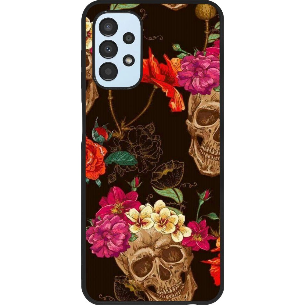 Coque Samsung Galaxy A13 - Silicone rigide noir Skulls and flowers