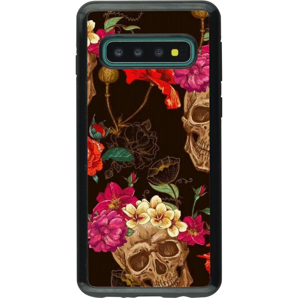 Coque Samsung Galaxy S10 - Hybrid Armor noir Skulls and flowers
