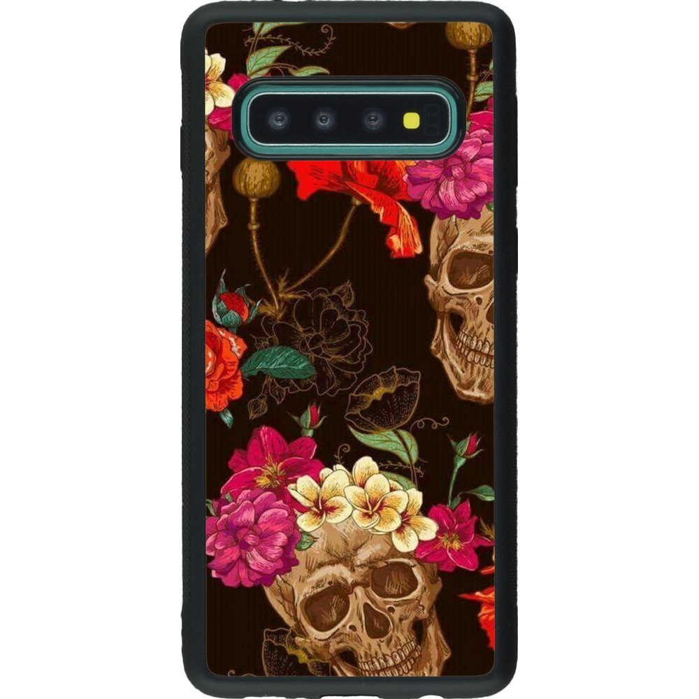 Hülle Samsung Galaxy S10 - Silikon schwarz Skulls and flowers
