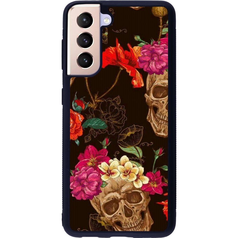 Coque Samsung Galaxy S21 5G - Silicone rigide noir Skulls and flowers