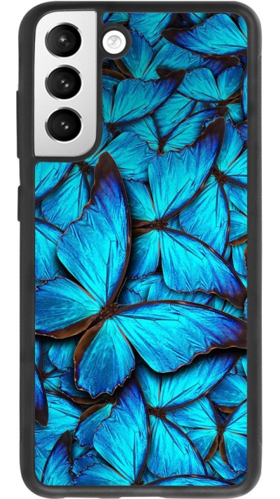 Coque Samsung Galaxy S21 FE 5G - Silicone rigide noir Papillon - Bleu