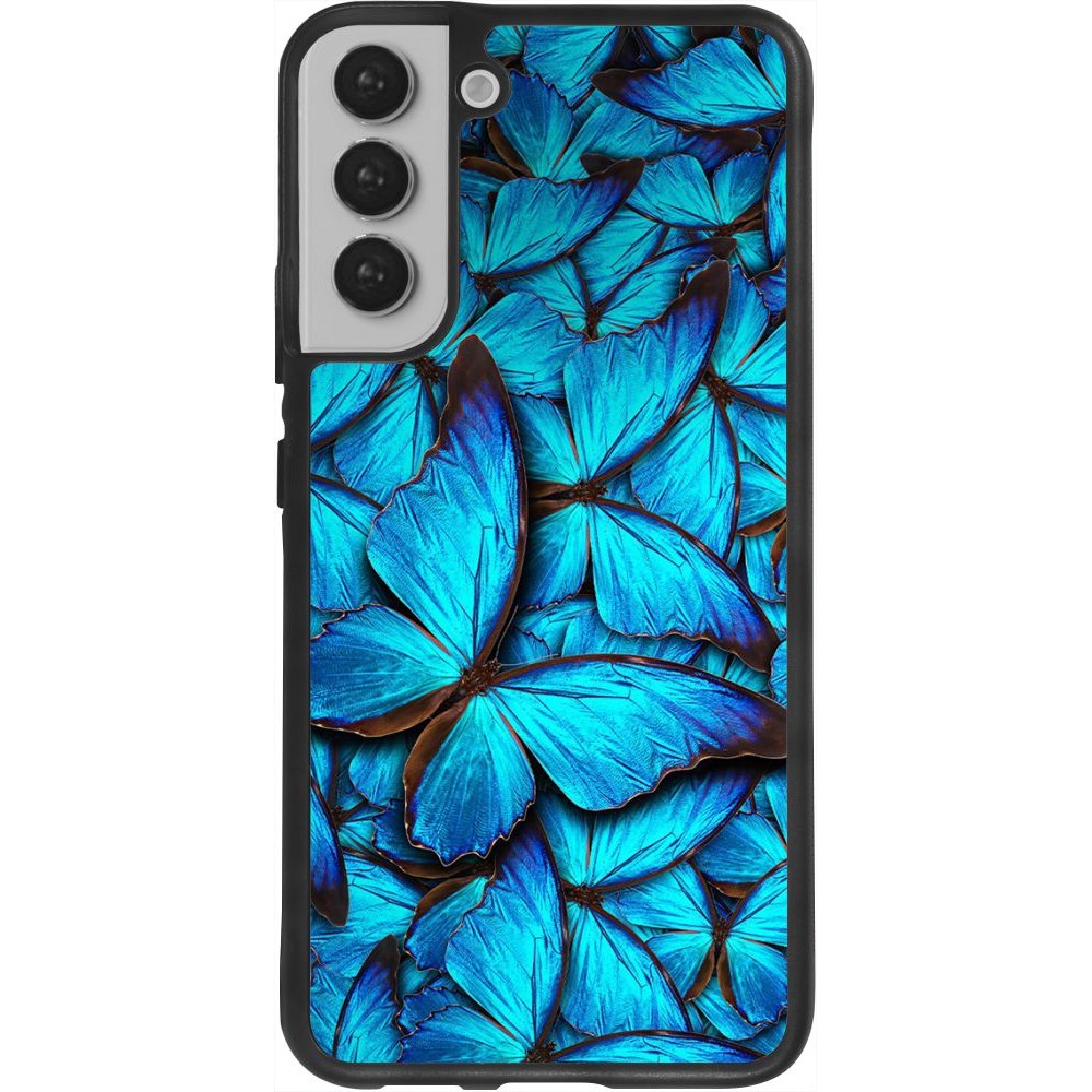 Coque Samsung Galaxy S22+ - Silicone rigide noir Papillon - Bleu