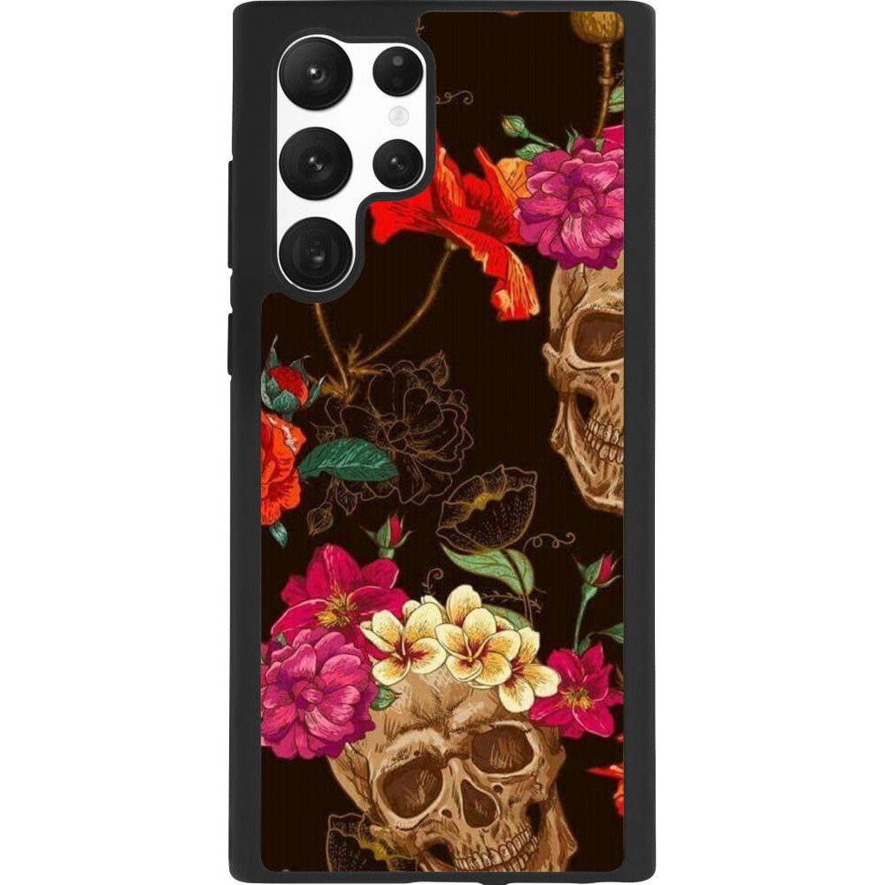 Coque Samsung Galaxy S22 Ultra - Silicone rigide noir Skulls and flowers
