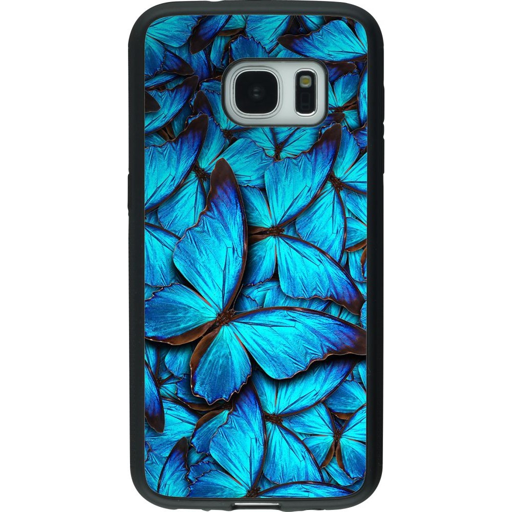 Coque Samsung Galaxy S7 - Silicone rigide noir Papillon - Bleu