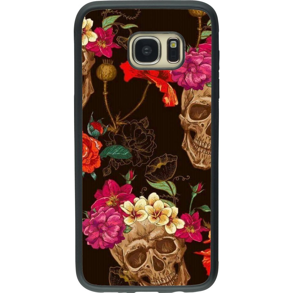 Coque Samsung Galaxy S7 edge - Silicone rigide noir Skulls and flowers