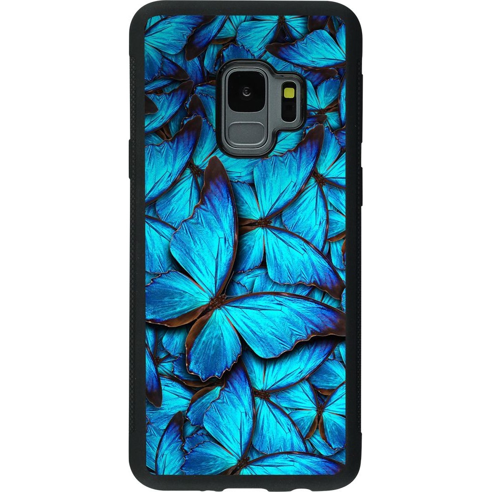 Coque Samsung Galaxy S9 - Silicone rigide noir Papillon - Bleu