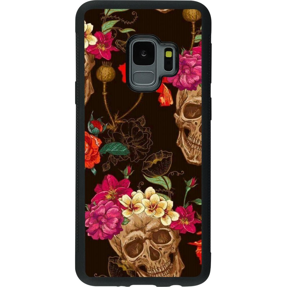 Coque Samsung Galaxy S9 - Silicone rigide noir Skulls and flowers