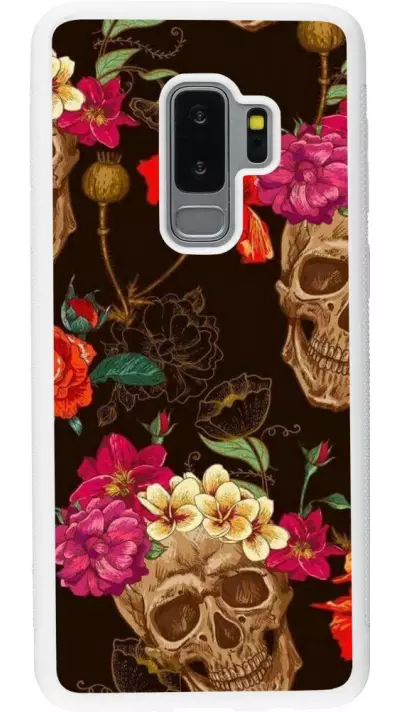 Coque Samsung Galaxy S9+ - Silicone rigide blanc Skulls and flowers