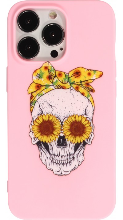 Hülle iPhone 13 Pro Max - Silikonmatte Skull flowers - Rosa