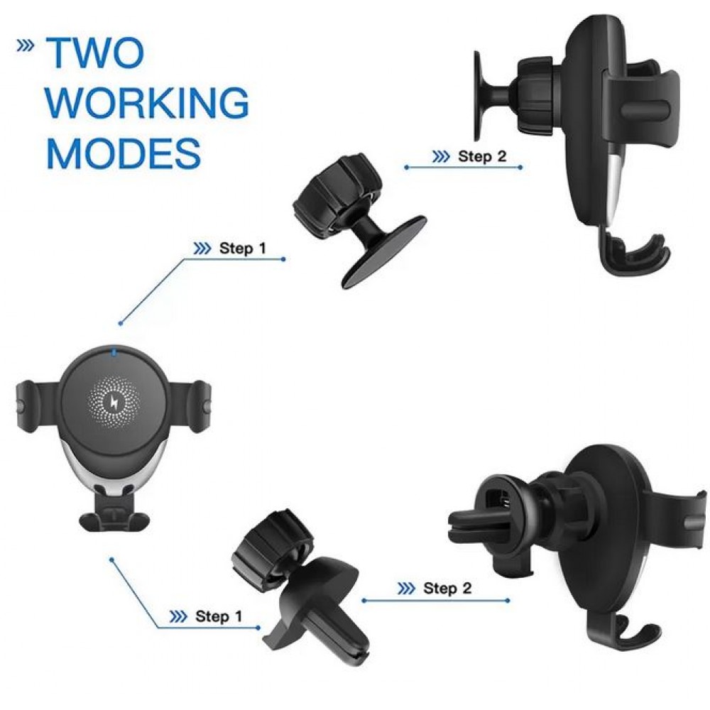 Adaptateur de charge 15W 2 en 1 sans fil Qi support de téléphone pour valve d'aération & tableau de bord voiture - Noir