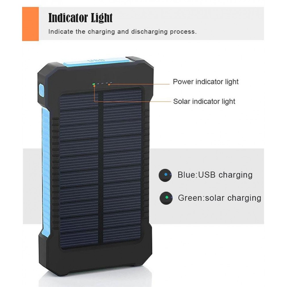 Wasserdichte externe Batterie 10000mAh Power Bank mit Solarpanel & LED - Schwarz