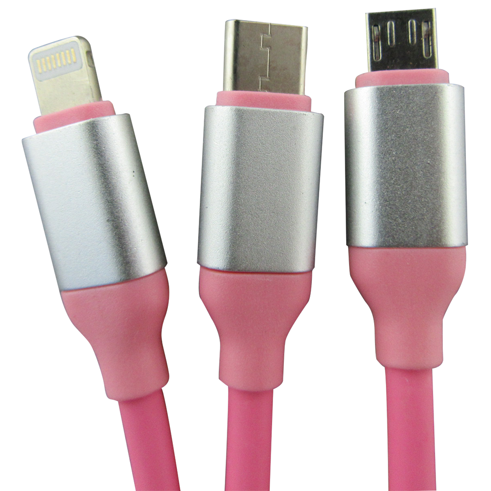 Câble chargeur 3 en 1 - Lightning / Micro-USB / USB-C vers USB-A - Rose