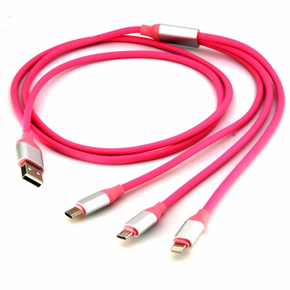 Câble chargeur 3 en 1 - Lightning / Micro-USB / USB-C vers USB-A - Rose