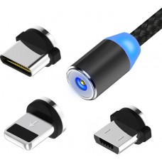 Câble de charge universel 3 en 1 LED en nylon USB-C - Lightning - Micro-USB - Noir