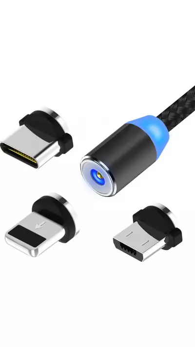 Câble de charge universel 3 en 1 LED en nylon USB-C - Lightning - Micro-USB - Noir
