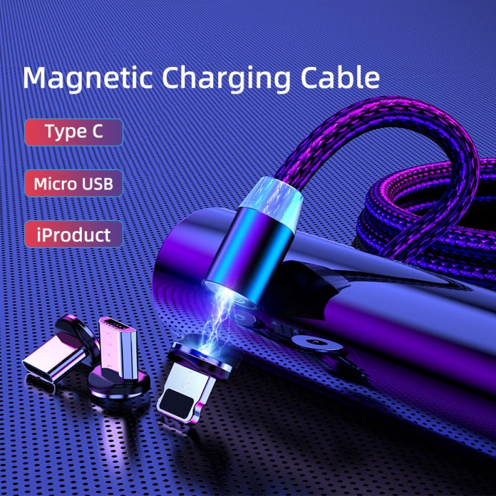 Câble de charge universel 3 en 1 LED en nylon USB-C - Lightning - Micro-USB - Noir
