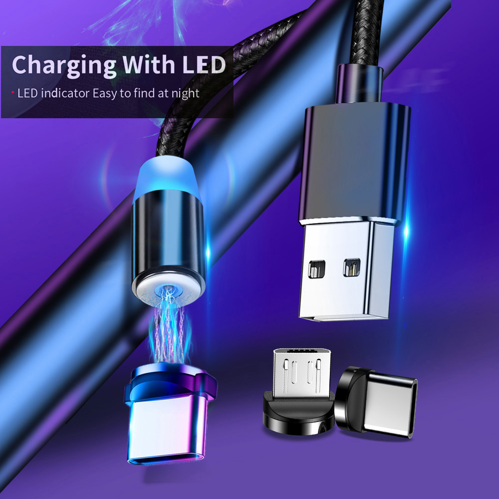 Câble de charge universel 3 en 1 LED en nylon USB-C - Lightning - Micro-USB - Noir