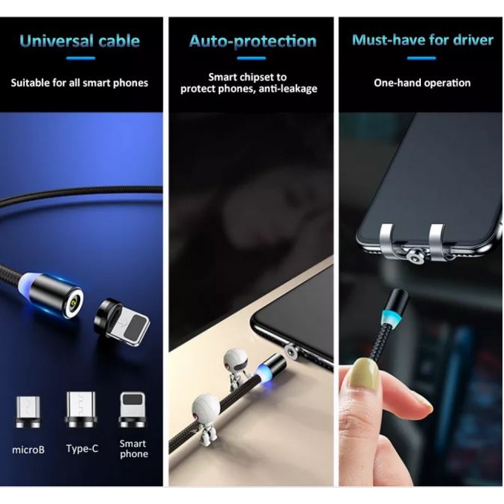 Câble de charge universel 3 en 1 LED en nylon USB-C - Lightning - Micro-USB - Noir