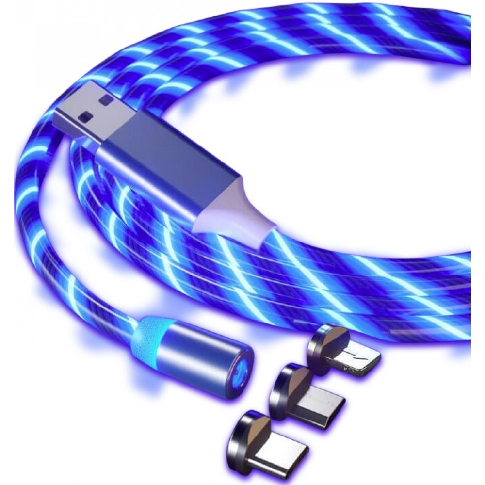 Câble de chargement USB 3 en 1 avec lumière LED et embouts de chargement magnétiques - Bleu