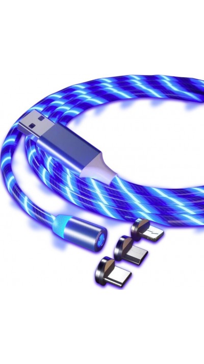 Câble de chargement USB 3 en 1 avec lumière LED et embouts de chargement magnétiques - Bleu