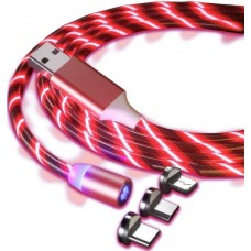 Câble de chargement USB 3 en 1 avec lumière LED et embouts de chargement magnétiques - Rouge