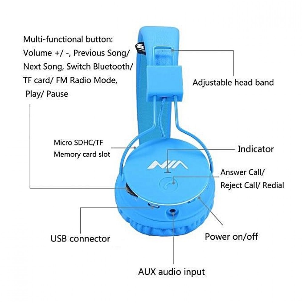 NIA X3 - Kabellose Bluetooth Kopfhörer On-Ear tiefer Bass Inkl. AUX/SD Karten Anschluss - Blau