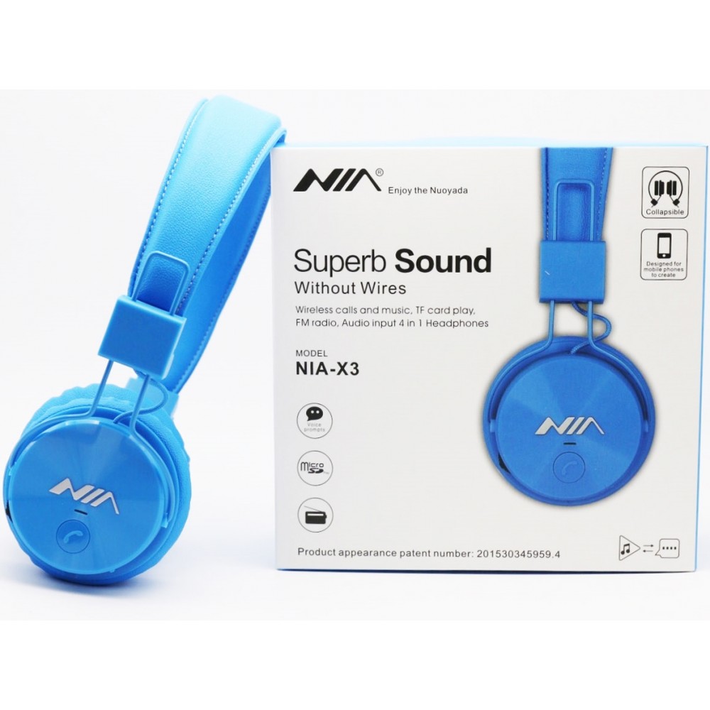 NIA X3 - Casque Bluetooth sans fil On-Ear basses profondes et connexion SD/AUX - Bleu