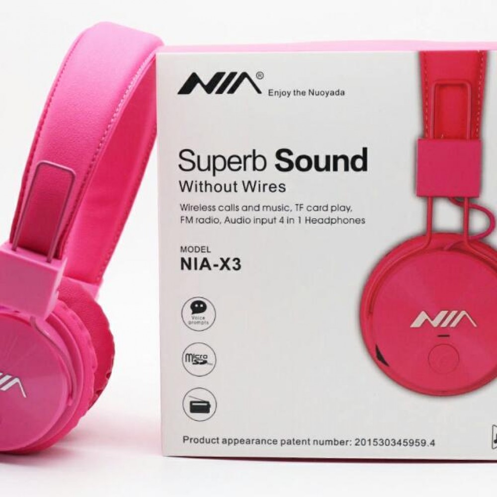 NIA X3 - Casque Bluetooth sans fil On-Ear basses profondes et connexion SD/AUX - Rose
