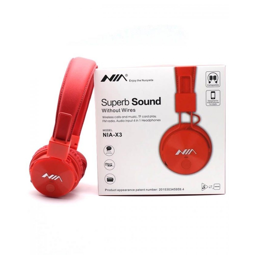 NIA X3 - Casque Bluetooth sans fil On-Ear basses profondes et connexion SD/AUX - Rouge