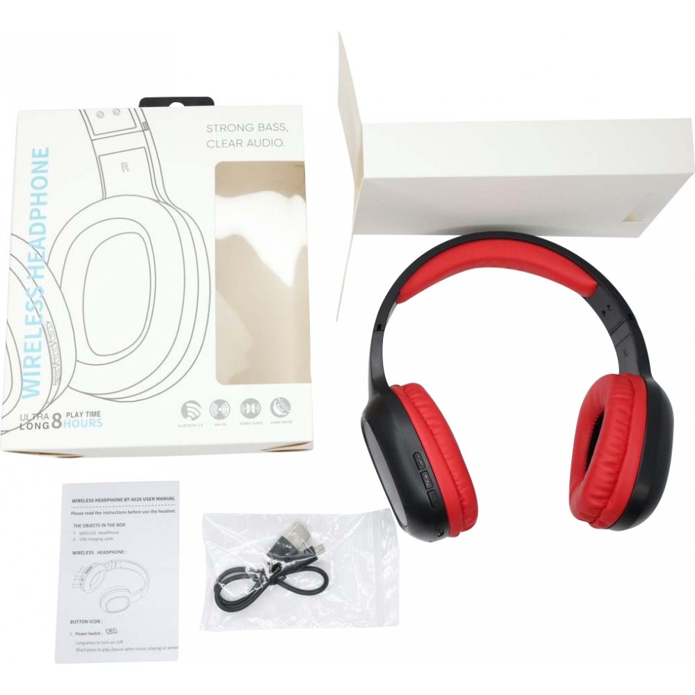 Casque Bluetooth sans fil V5.0 BT-8026 Headphones Basse stéréo On-Ear - Noir/rouge