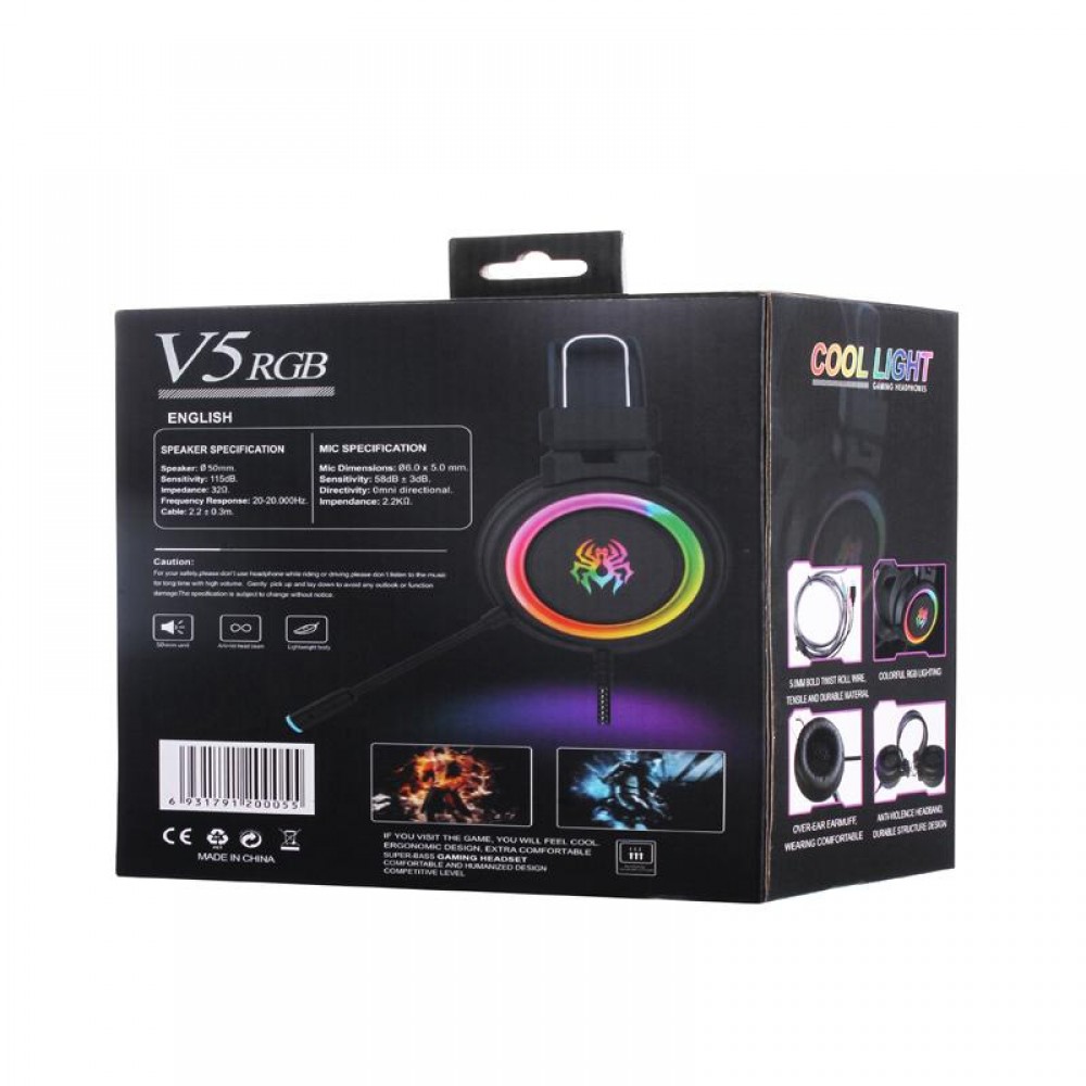 V5RGB - Professionelles Gamer-Headset mit RGB-LED-Licht für Computer, Xbox one und PS4, verstellbarer Bass Kabel Headset